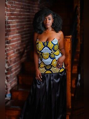 Black Satin Maxi Skirt with Yellow-Blue Print Waist Panel